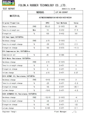 NBR 85 shore A rubber material test report for industrial seals